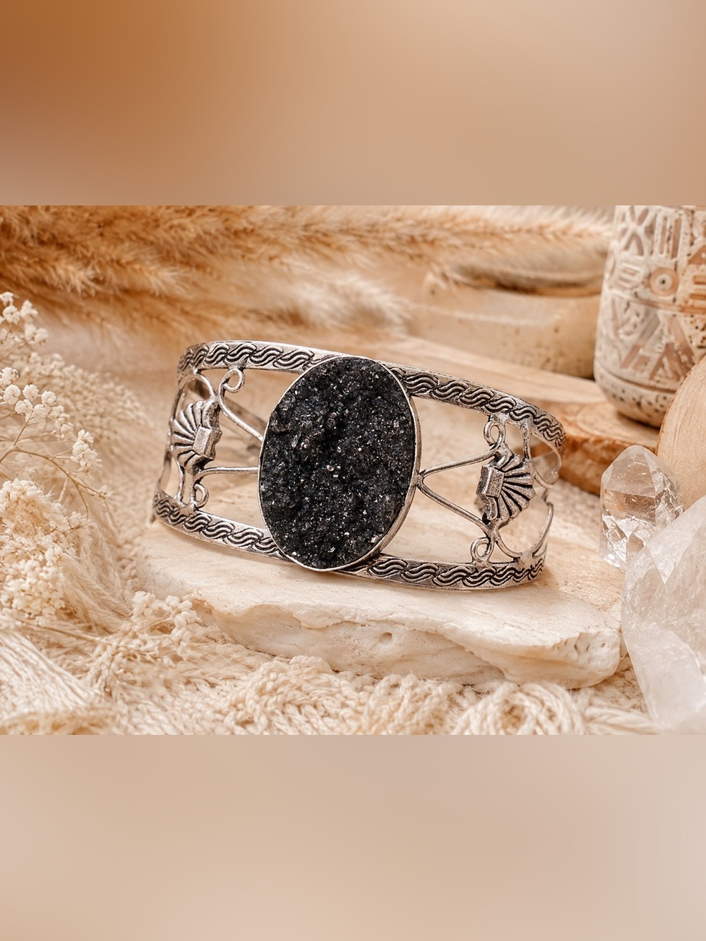 925 Silver Plated Black Agate Druzy Bangle